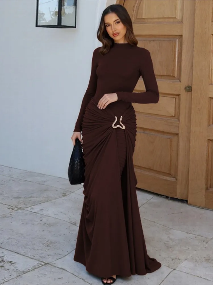 

Dresses 2025 Woman Elegant Vestidos Slim Evening Dress Banquet Round Neck Long Sleeve Solid Color Package Hip Robe Temperament
