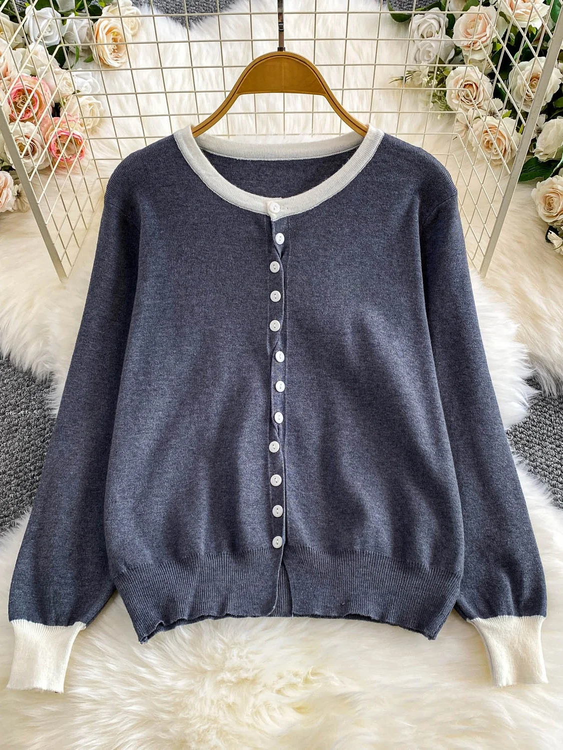 

Повседневный свободный женский вязаный свитер, пальто круглого цвета с вышивкой в стиле пэчворк, утягивающий топ на пуговицах, корейский слей