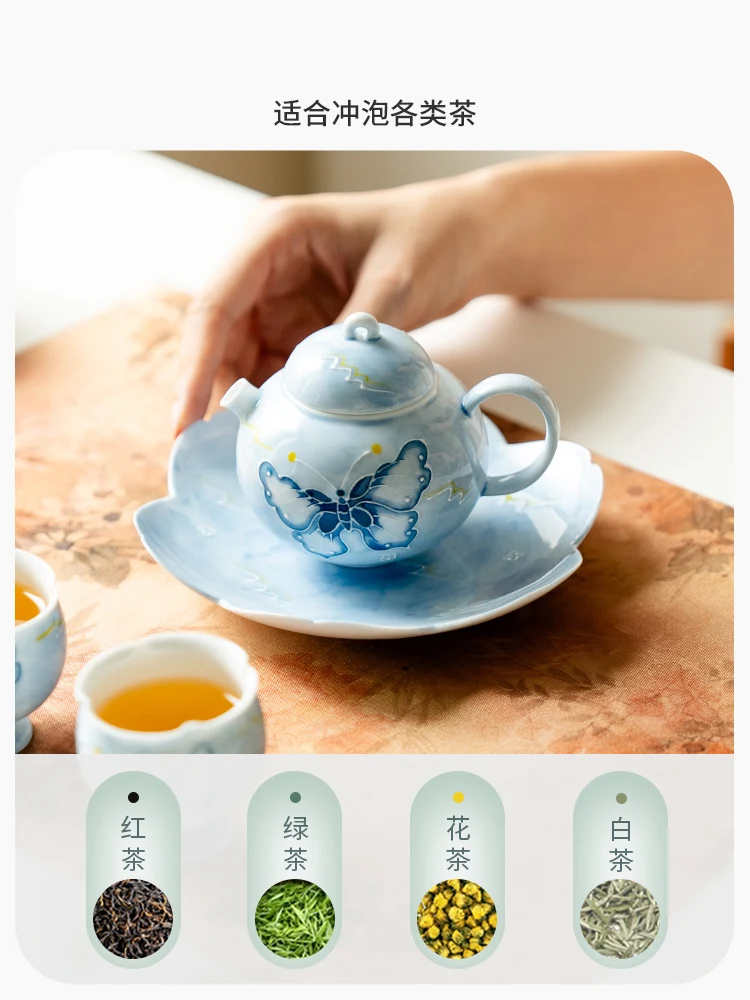 Handmade Pile Painted Blue Ceramic Teapot Household Set One Person Drink Single