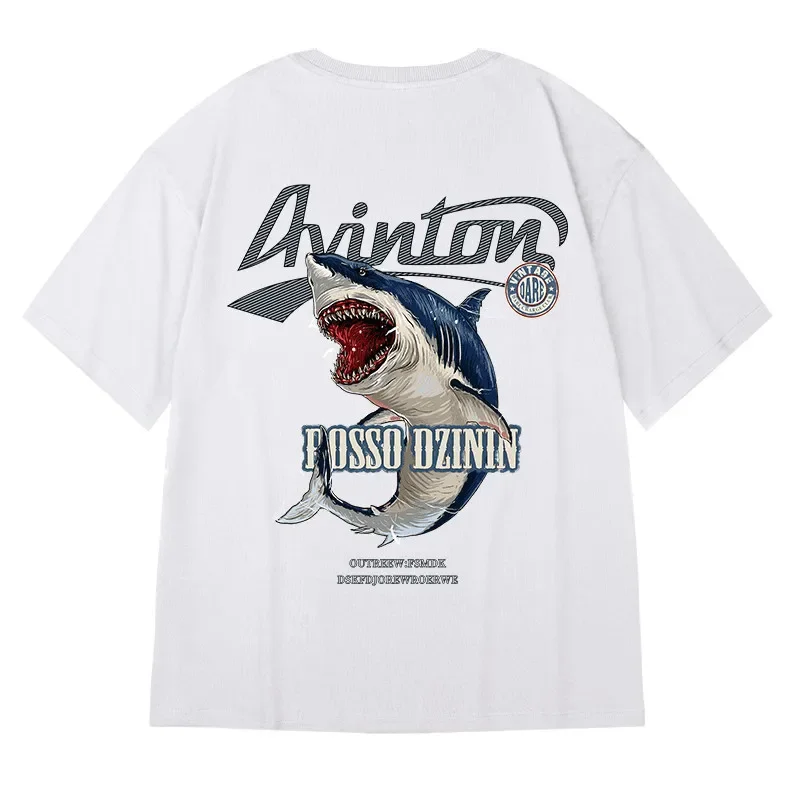 

Summer men's fashion cartoon shark pattern printed 100% pure cotton short-sleeved T-shirt round-neck casual top