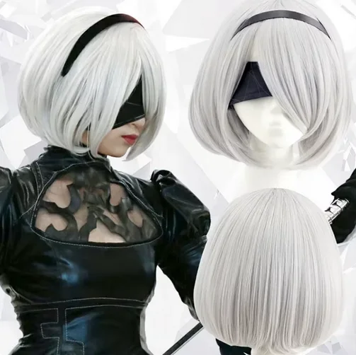 Automata Anime Cos peluca gris plateado corto recto Cosplay peluca sintética YoRHa No.9 modelo peluca