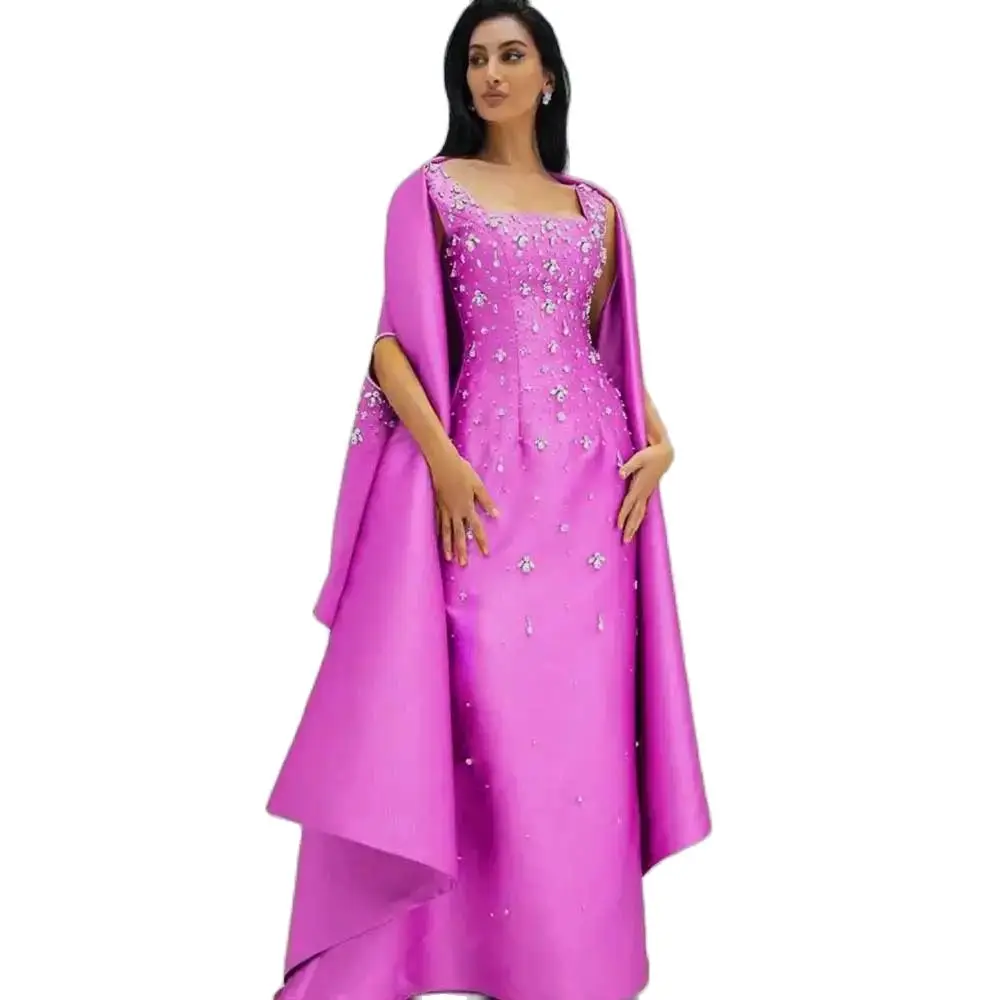 YUMDAI Elegant Purple Saudi Cape Sleeve Engagement Evening Dress 2024 Luxury Beaded Dubai Women Wedding Guest Formal Party Gown