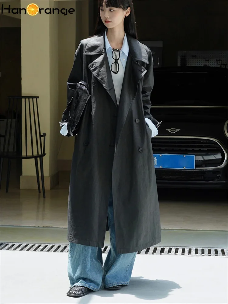 

HanOrange 2025 Spring Heavyweight Landscape Coated Texture Tie Waist Windbreaker Women Outline Casual Long Trench Coat Black
