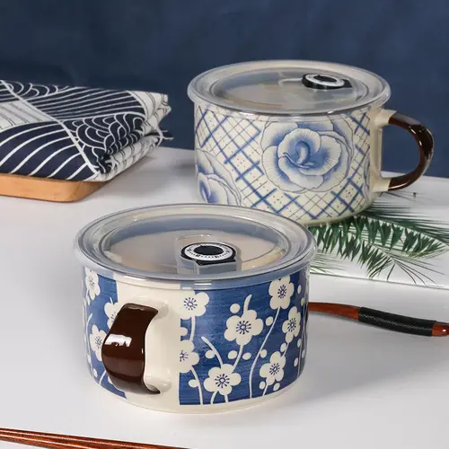 파란색과 흰색 도자기 인스턴트 국수 그릇 도시락 식기 수프 그릇 세트 대용량 우유 오트밀 컵 뚜껑 포함, 800ml 