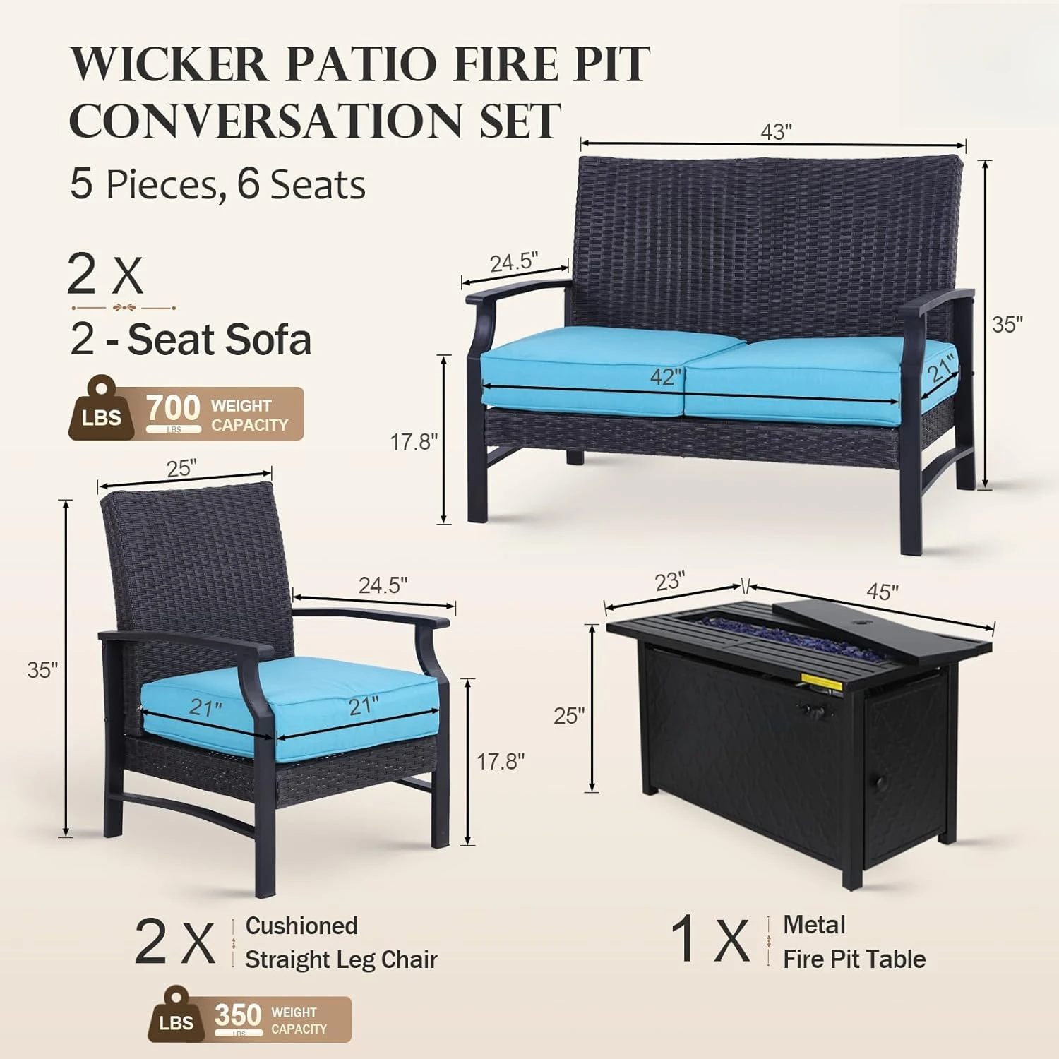 5 Pieces Fire Pit Patio Furniture Set, 2 x Wicker Chair, 45