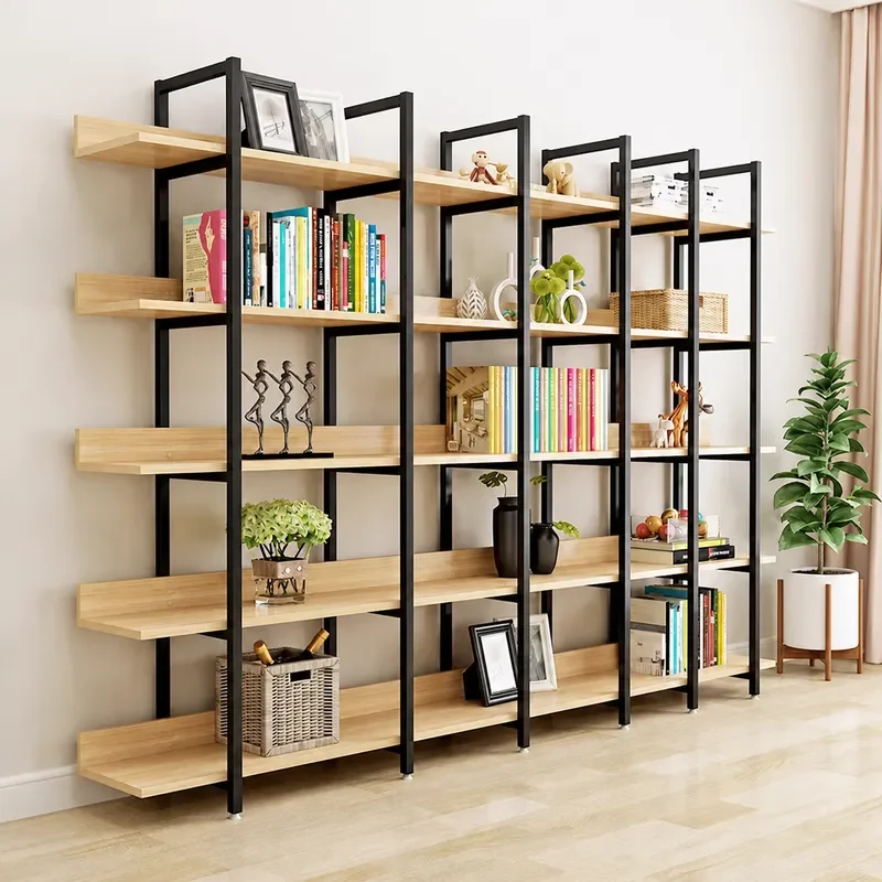 Steel and Wood Bookshelf Floor Simple Multi Layer Shelf Bookcase Wrought Iron Display Stand Storage Rack Manufacturers
