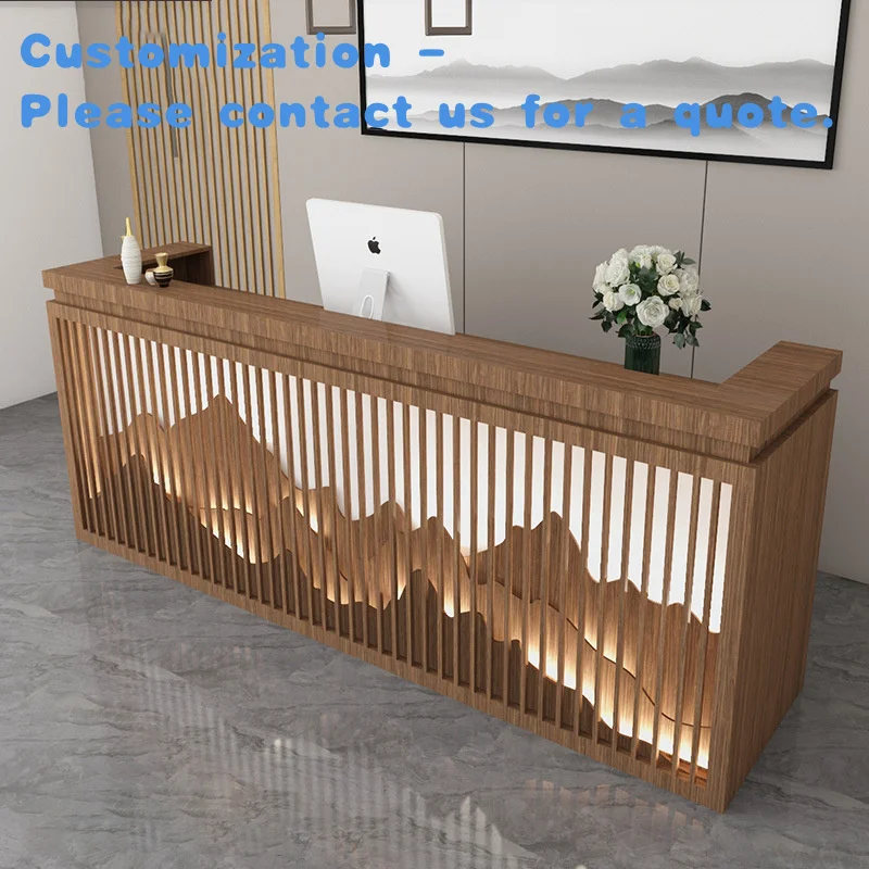custom.Kainice Luxury LED Solid Wood Reception Counter Luxury Cashier Desk Table Retail Shop Supermarket Equipment Checkout