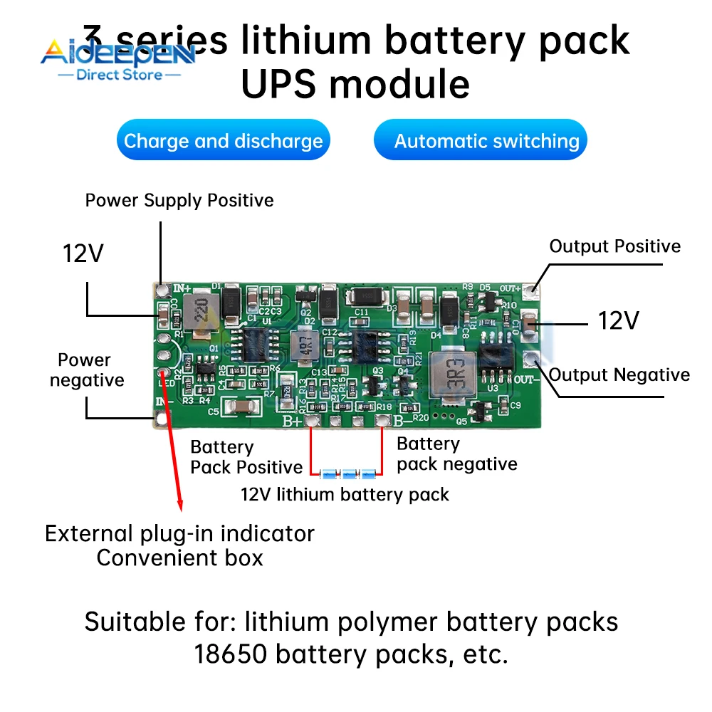 DC 12V 36W 3A Fast Charge UPS Power Supply / 3S 18650 Lithium Battery Charger Module DC-DC Step Up Booster Converter 12V