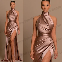 Bellissimo elegante abito da sera con spalle scoperte a sirena senza maniche con spacco alto in raso rosa di lusso per le donne abito da festa formale Sexy