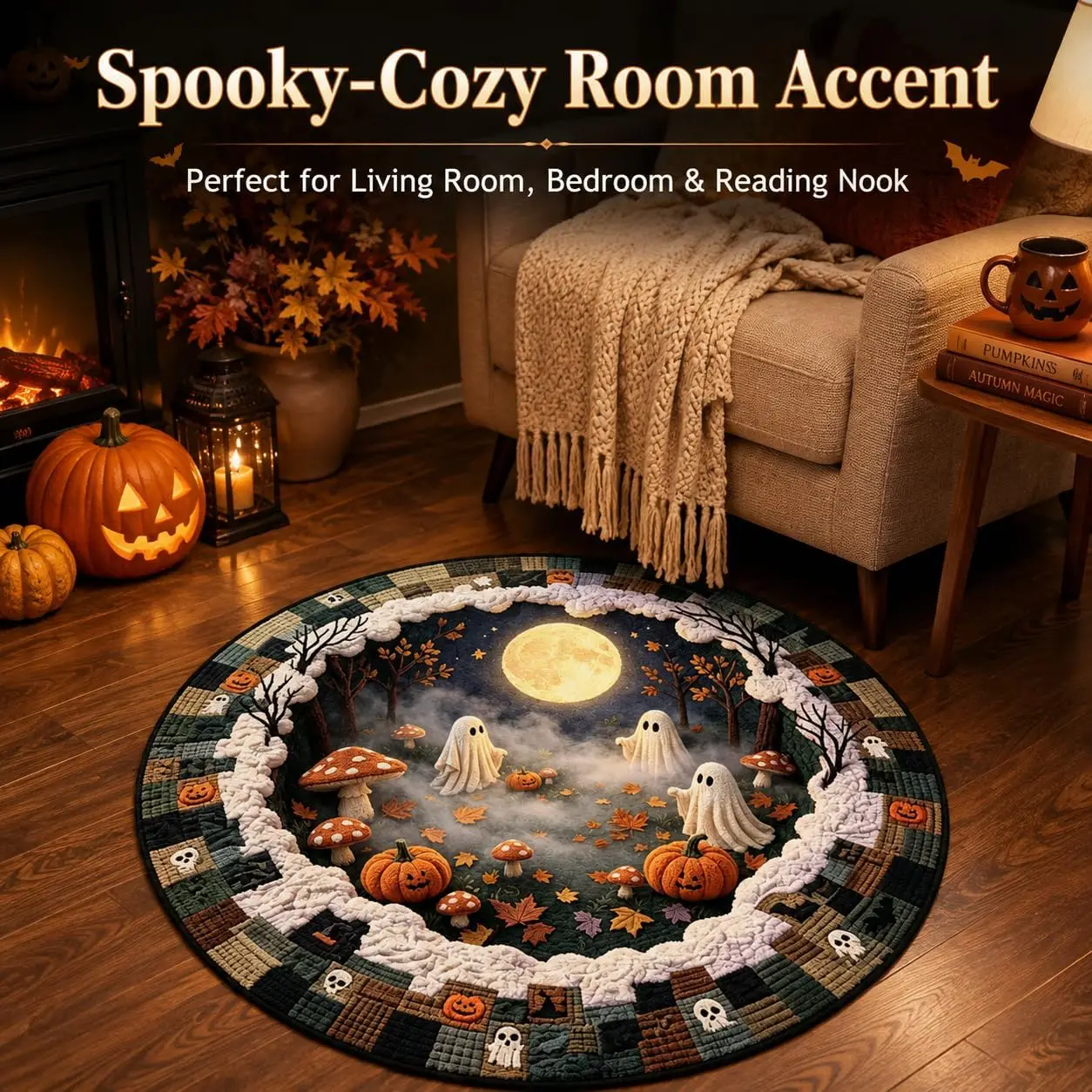 Halloween Round Area Rug, Vintage Quilted‑Style Ghost Pumpkin Haunted House Floor Mat, Non‑Slip Decorative Carpet for Indoor Living Room Bedroom Decor (B1, 31.5IN)