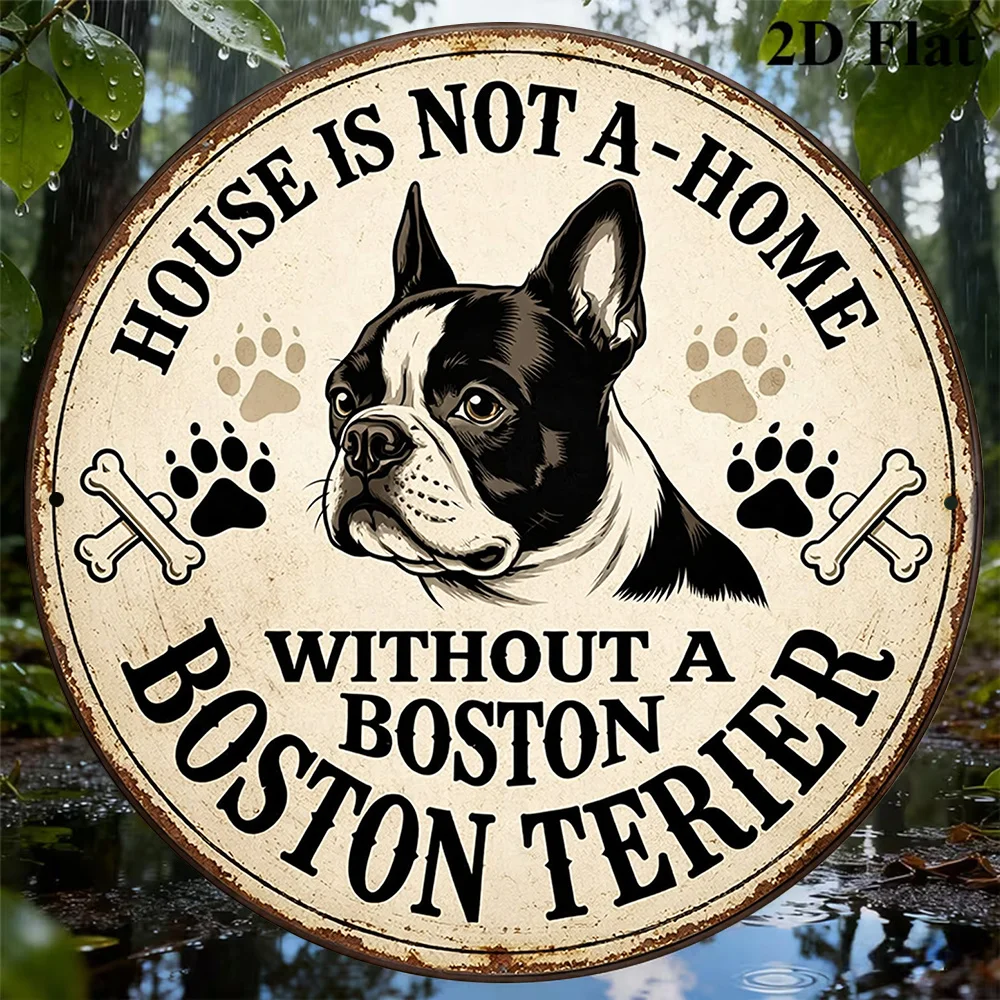 2D Flat, 1pc Vintage Boston Terrier Wooden Wall Plaque - Round Suitable for Living Room Decor, Study, Pet Shop or Gift, Artifici