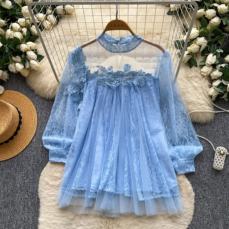New Autumn Women's Pink Lace Blouse Floral Applique Sheer Mesh