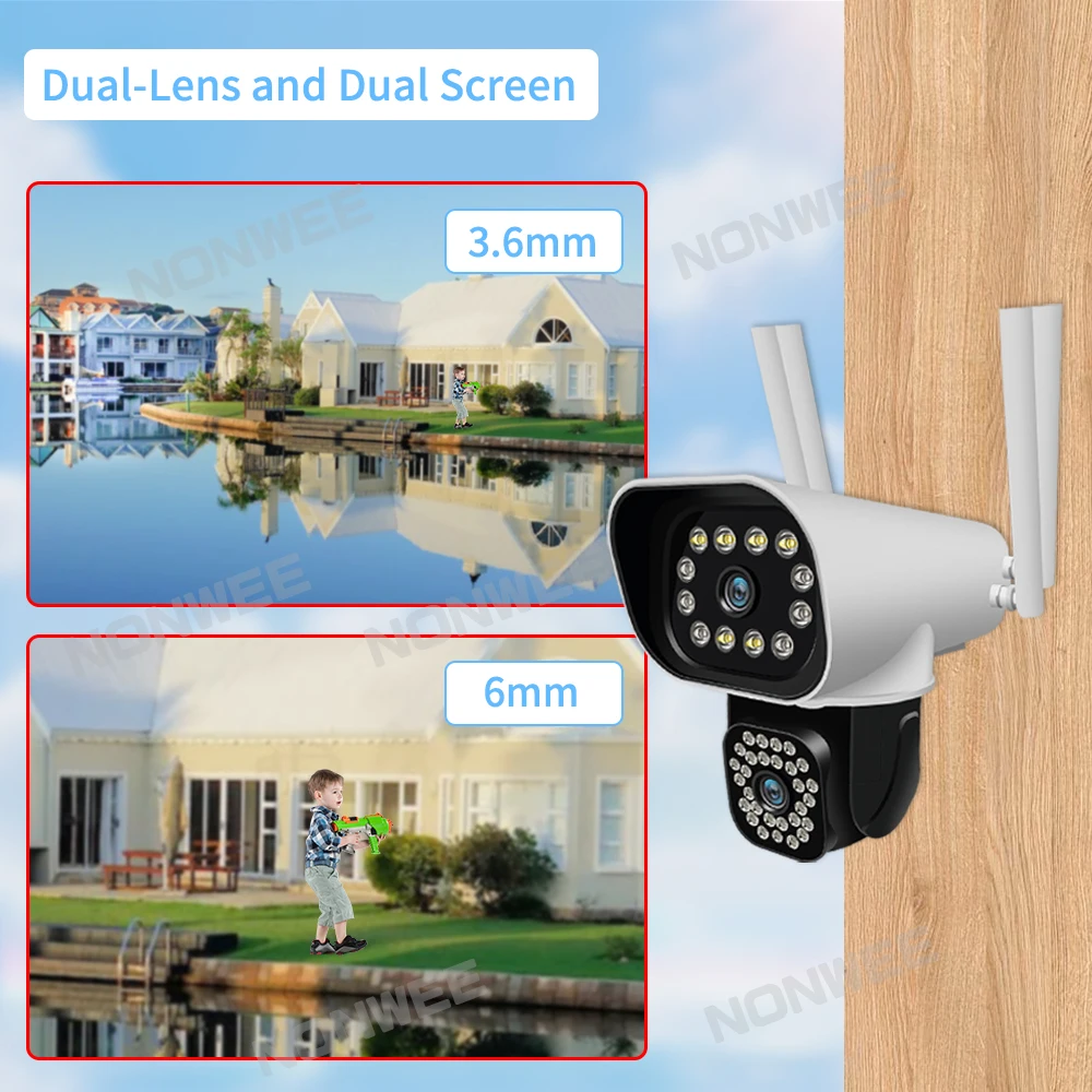 6MP WIFI Security Camera Dual Lens PTZ Outdoor CCTV Surveillance Camera Dual Screen Video Record Auto Tracking iCam365