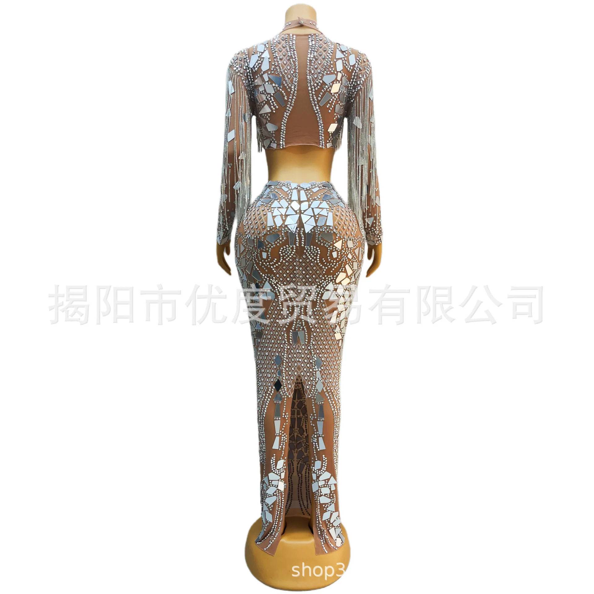 سلسلة خرز طويلة عدسة كريستال مشرق أحجار الراين اثنين فساتين أنيقة كوكتيل حفلة ليلة الأداء الملابس فستان الماس العنبر