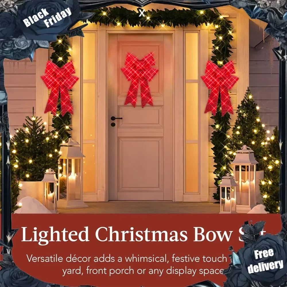 Set of 3 Bows Pre-Lit Christmas Bow Decoration, Indoor/Outdoor LED Holiday Décor w/ 30 Lights, Outdoor Battery Box