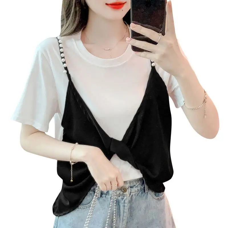 Chiffon Patchwork Short Sleeve T Shirts Summer New Fake Two-piece Solid Color Loose Trend Tops Fashion Casual Women Clothing