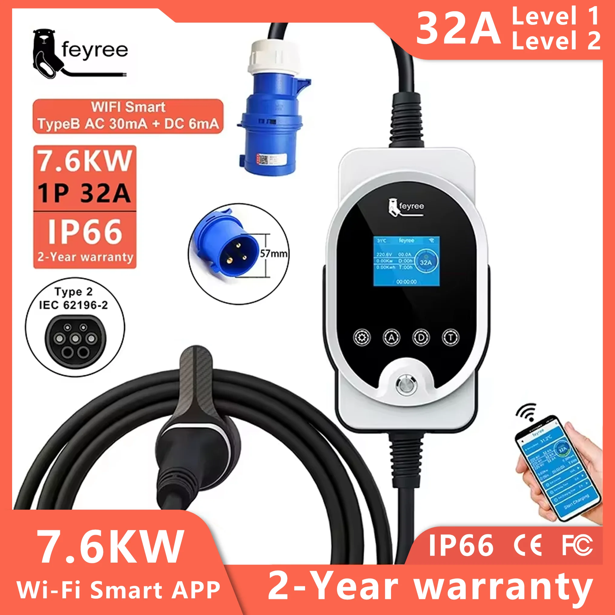 feyree EV Charger Portable Type2 7KW 32A 1P Fast Charging APP Wi-Fi Control by Setting Current & Charging Time for Electric Car