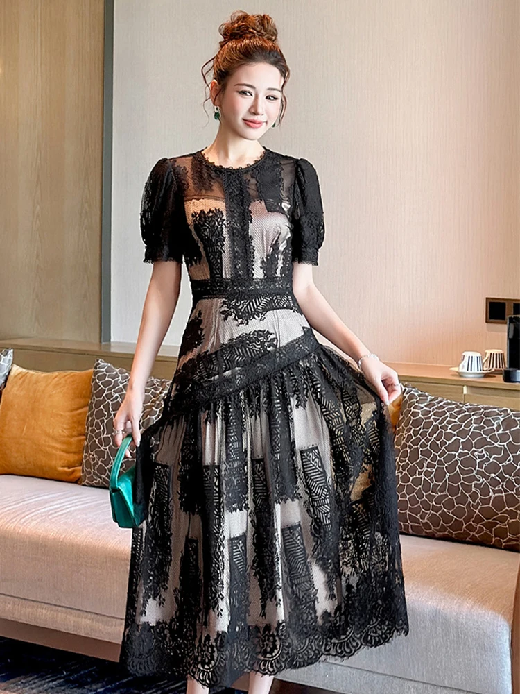 Robe de bal mi-longue romantique pour femmes, Chic, dentelle transparente, maille superposée, Robe trapèze, Style élégant, robes de soirée formelles