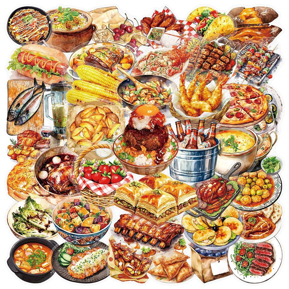 50PCS Hand Drawn Food Graffiti Stickers Transparent Waterproof Western Barbecue DIY Toys for Bottle Scrapbook Travel Bag Decals