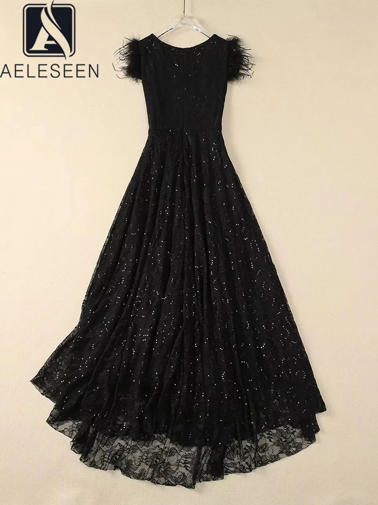 

AELESEEN Black Lace Dress Women Summer Runway Fashion Feathers Patchwork Sequined High Quality Long Elegant Party Female