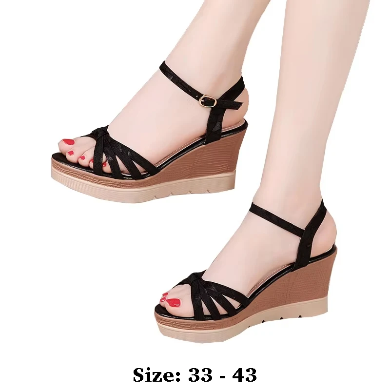 

High quality wedge sandals for women 8cm high heel new 2025 summer size 33 34 43 platform open toe elegant shoe black beige