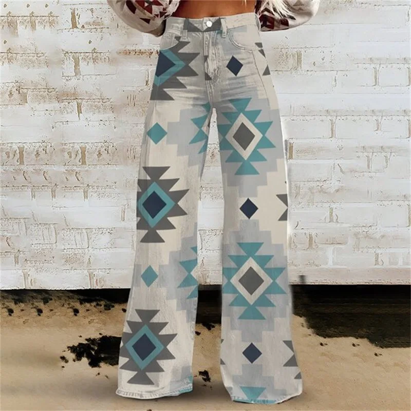 

2026 Spring and autumn women's new pants, 3D line printed lmitation cowboy thin fabric fashion elements casual wide leg pants