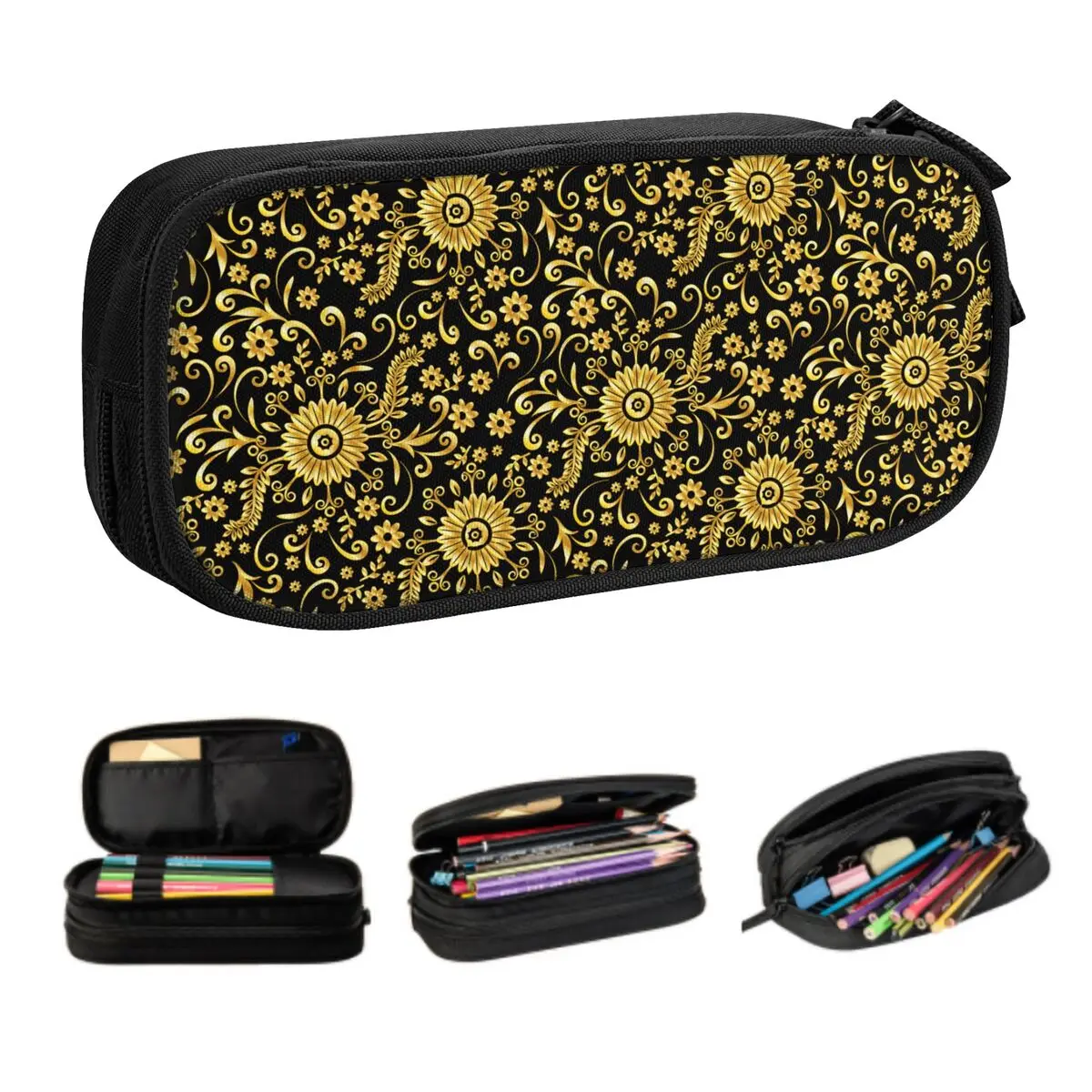 

Golden Floral Seamless Custom Korean Pencil Cases Boys Gilrs Large Storage European Baroque Pencil Pouch Students Stationery