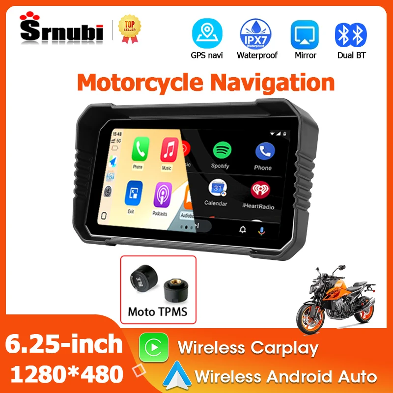 

Srnubi 6.25" Carpay Screen for Motorcycle Navigation GPS Bluetooth Wireless Android Auto Moto Radio with TPMS External Sensor