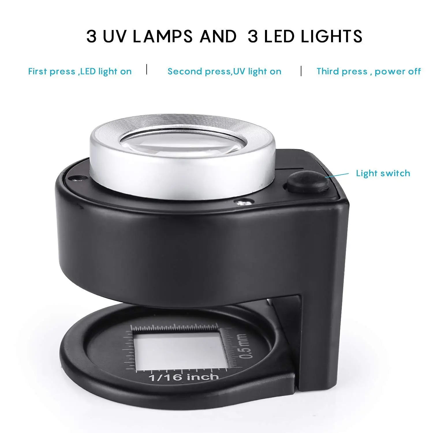 Imagem -02 - Lupa com Escala Led uv Lights 30x Coin Iluminado Jóias Lupa Suporte Dobrável de Metal Lupa Óptica para Têxteis