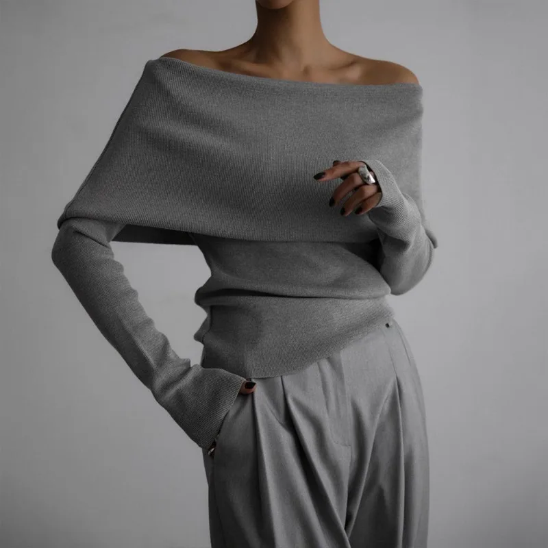 

2025 Women Sexy Off The Shoulder Knit Sweater Slim Body Long Sleeve Solid Color Pullovers Tops For Women Sweater Pull Femme