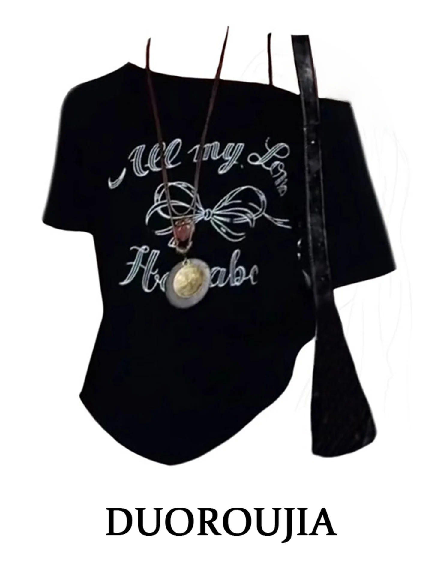 

plus Size American Style Black Asymmetrical Shoulder Short Sleeve T-Shirt Women's Spring Summer Loose Knot Print Sl...