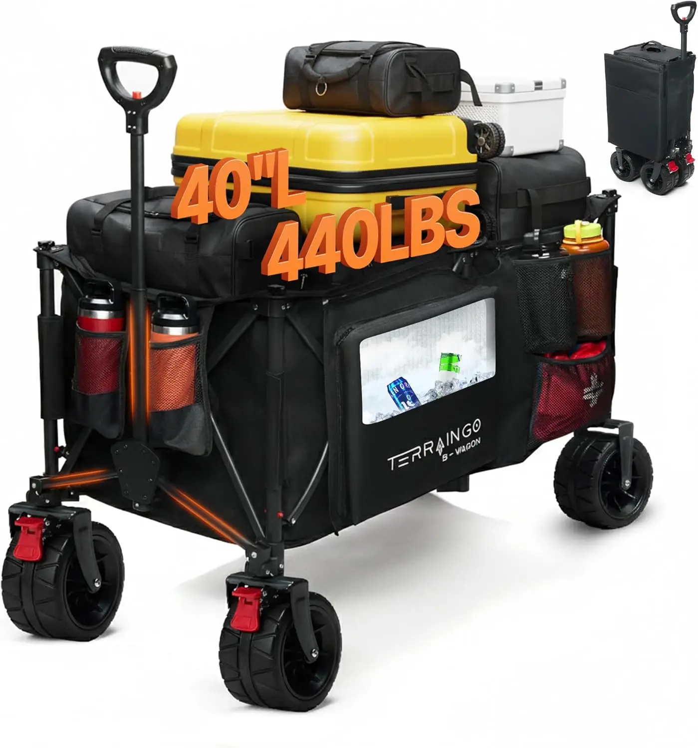 

Складная пляжная тележка с вездеходными колесами, сумкой-холодильником и карманами для хранения для активного отдыха