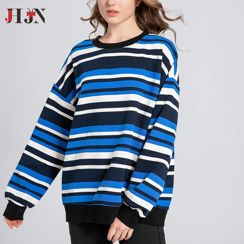 2024 blue Stripe Sweatshirt Pullover Loose Sweatshirt Round neck Office Lady Neutral Couple Women's clothing