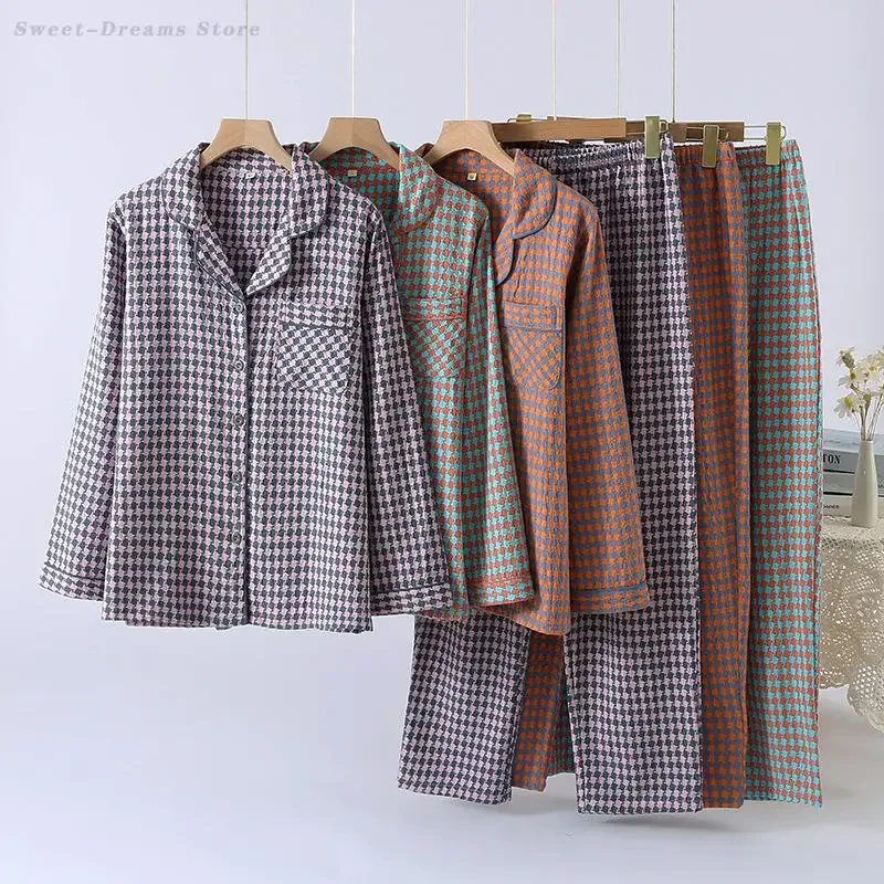 

Весенне-осенняя клетчатая одежда для сна, женский хлопковый пижамный комплект, брючный пижамный костюм с длинными рукавами, простая японская повседневная домашняя одежда