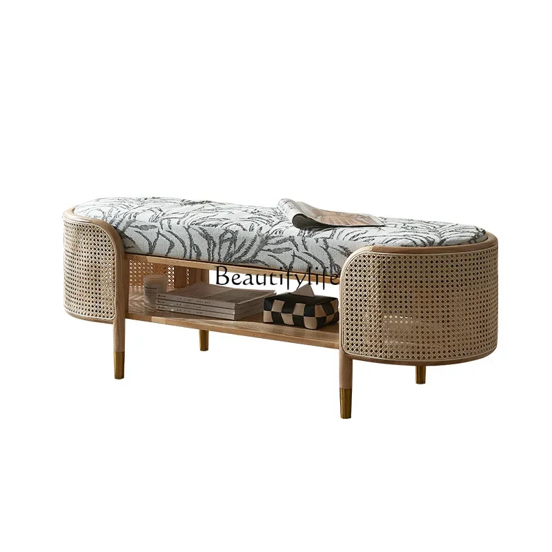 

LD33Nordic B & B bedside stool bedroom rectangular shoe change rattan solid wood sofa stool