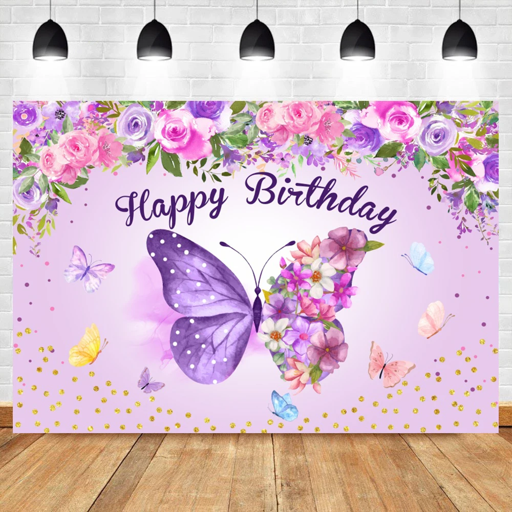 Beautiful Butterfly Flowers Photography Backdrop Sweet Baby Girl Happy Birthday Baby Shower Golden Dots Decor Backgrounds Banner