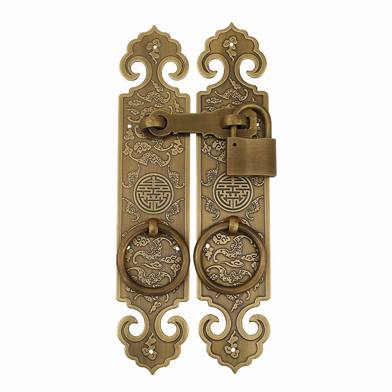 Chinese Style Main Door Handle Pure Copper Bat Carved Thickened Wooden Door Straight Handle Door Buckle Lock Bolt Pull Ring