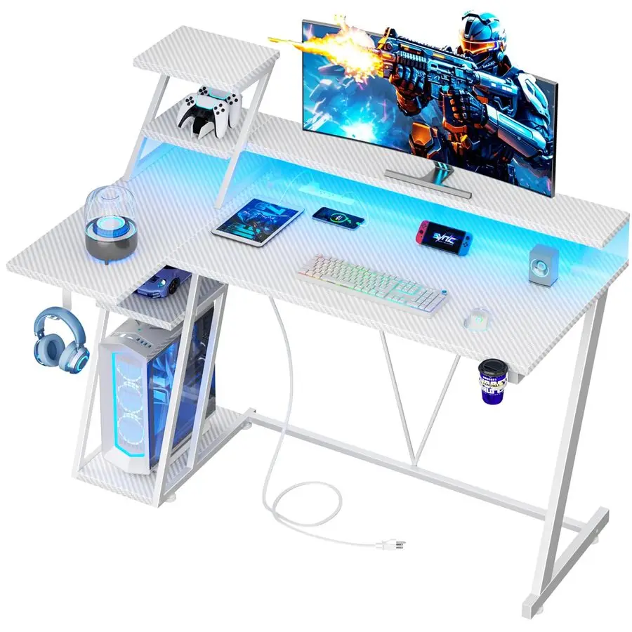 

47 Inch White Gaming Desk with LED Lights Power Outlet, L Shaped Gaming Table with Storage Shelves, Gamer Workstations