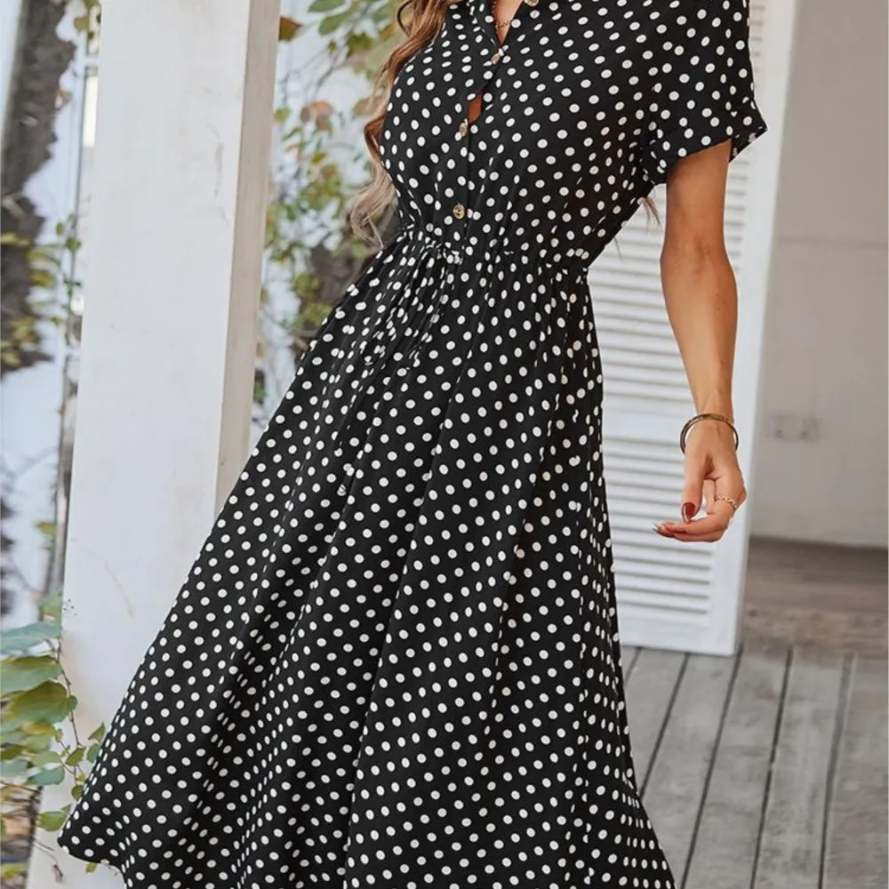 VOLALO Ladies Polka Dot Print Shirt Dress Women Casual Midi Holiday Summer Dress Female Loose Beach Dress Sundress Robe Vestidos