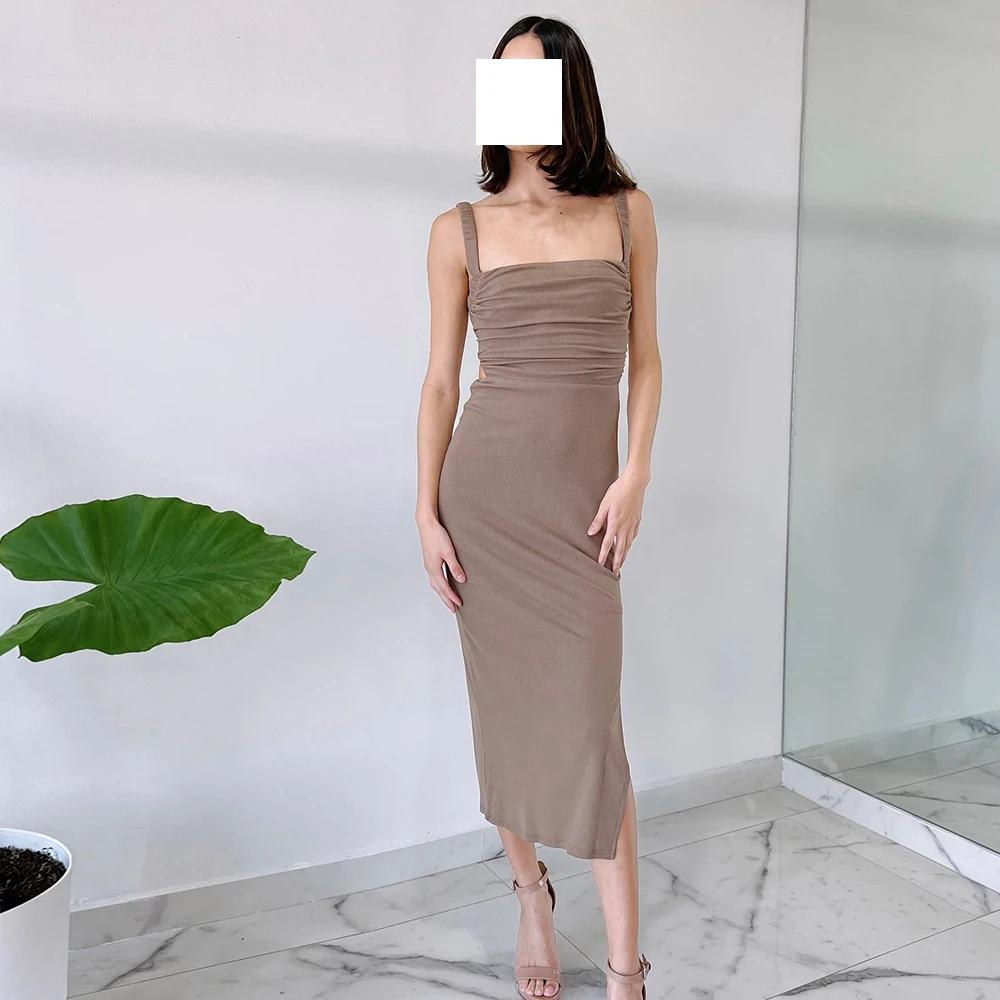 

Simple Pleats Jersey Criss-Cross Evening Dress Open Back Solid Color Sleeveless Square Neck Tea Length Straight Side Slit