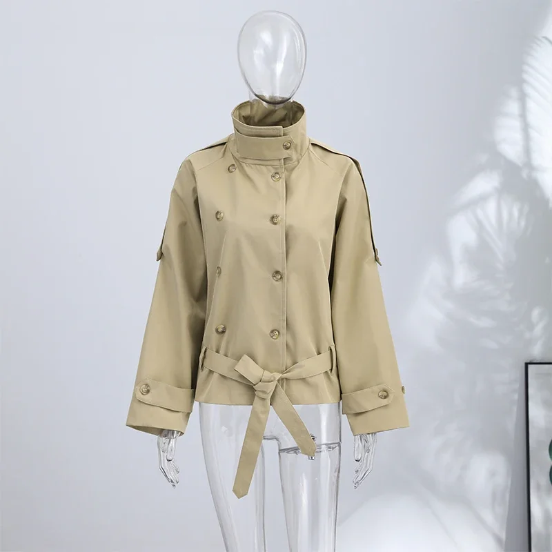 Modischer Stehkragen-Damen-Windbreaker Einfarbiger Doppelreihiger Schnür-Mantel mit Langen Ärmeln Damen-Oberbekleidung 2026 Herbst Neue Kollektion – Detail 1