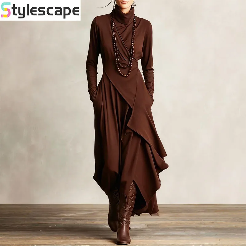

2026 European Size Women's Spring and Autumn Clothing Solid Color Long Sleeved Cross High Neck Dress Long Skirt Party Dresses