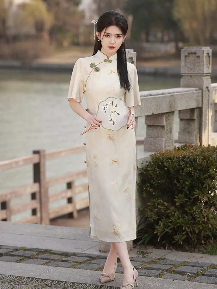 

Oversize Print Flower Satin Lady Qipao Traditional Chinese Long Dress Sexy Slim Split Cheongsam Vintgae Classic Oriental Costume