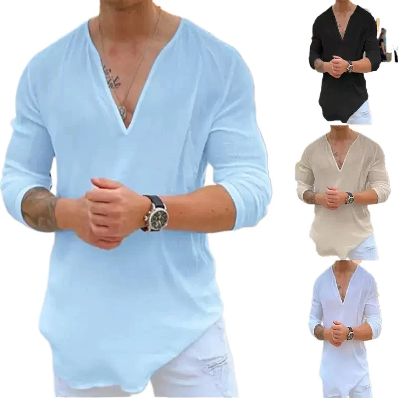 

2026 New Men's Casual Shirt Trend Fashion V-Neck Loose Street Style Solid Color Long-Sleeved Pullover Spring and Autumn Tops