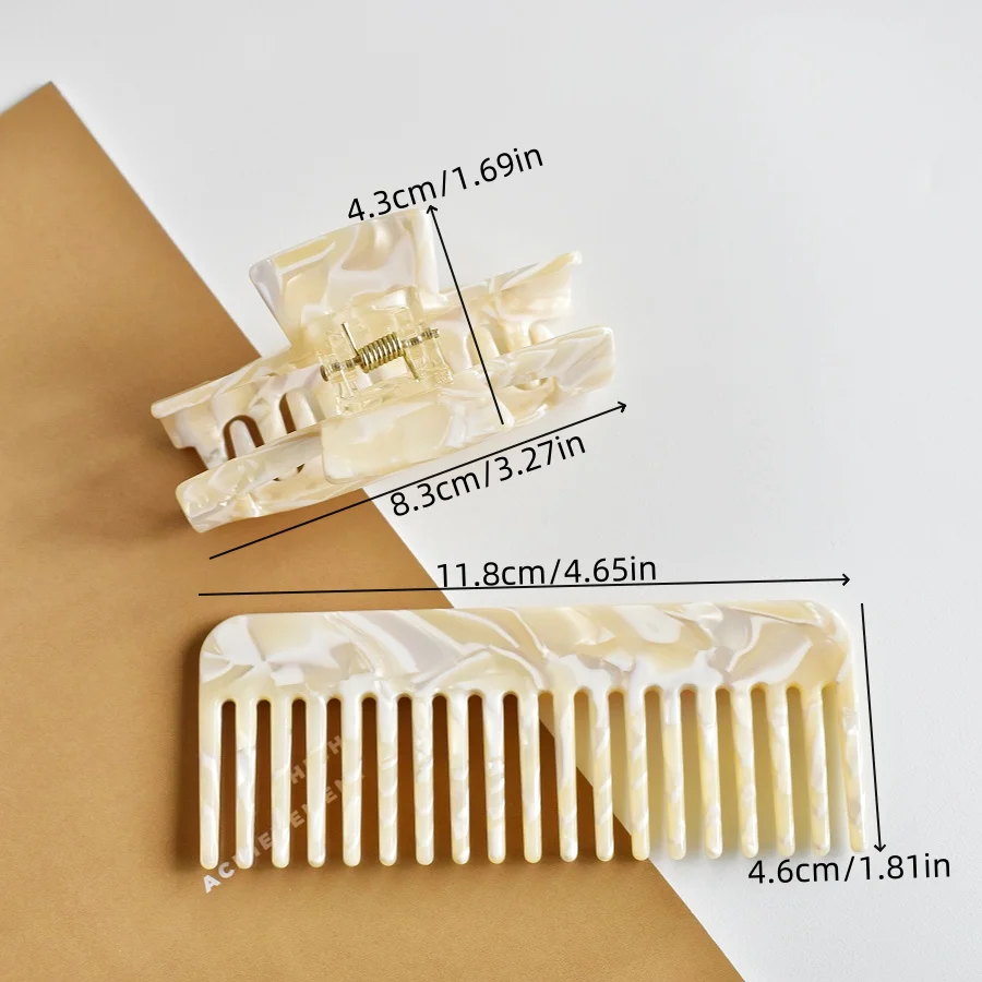 2-teiliges Damen-Haarkamm-Set aus Acetat mit breiten Zähnen und rechteckiger Haarklammer – tragbare Stylings-Kombination – Detail 4