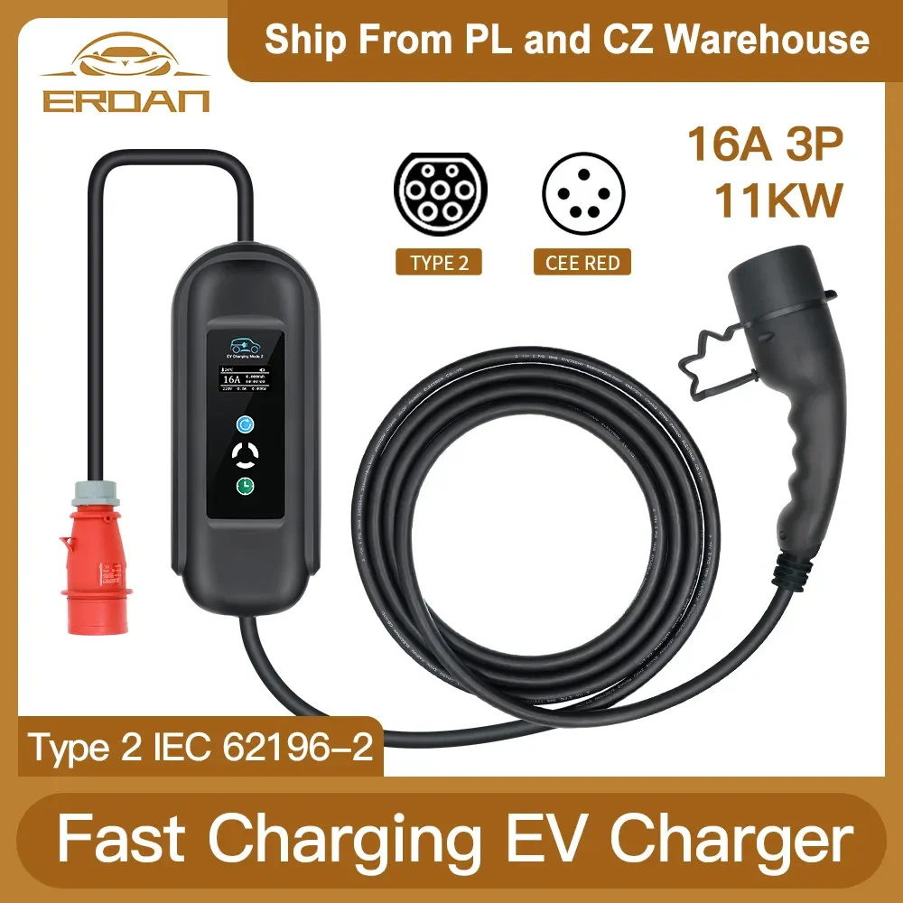 ERDAN 11KW 16A 3P EV Charger IEC 62196 Type 2 Fast Charging Wall Box Electric Car Charging CEE Red Plug for Electric Vehicle