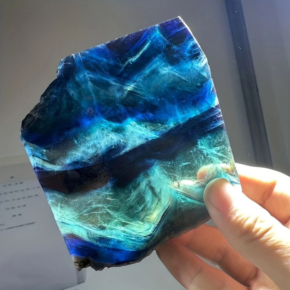 Plaque de fluorite rose naturelle, avec motifs uniques, réaction UV sous lumière UV, tranche polie pour la décoration intérieure, cristal de guérison