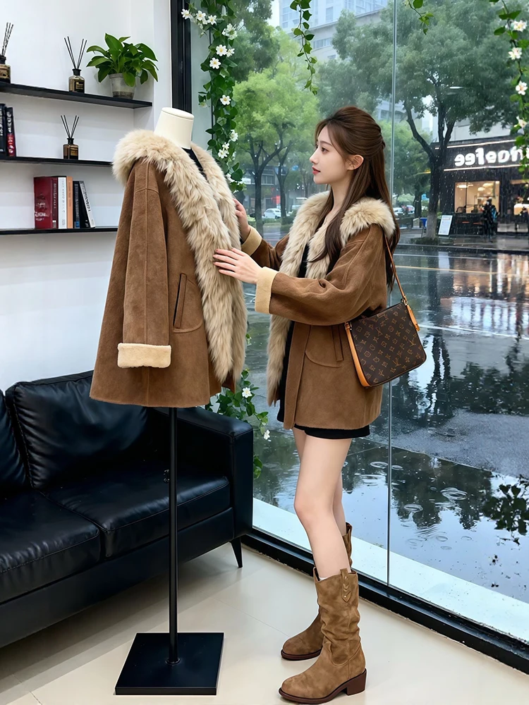 

Thiened Winter Coat for Women Brown Flip Collar Woolen Jaet Korean Sle Loose Fit Long Sve Polyester Fiber