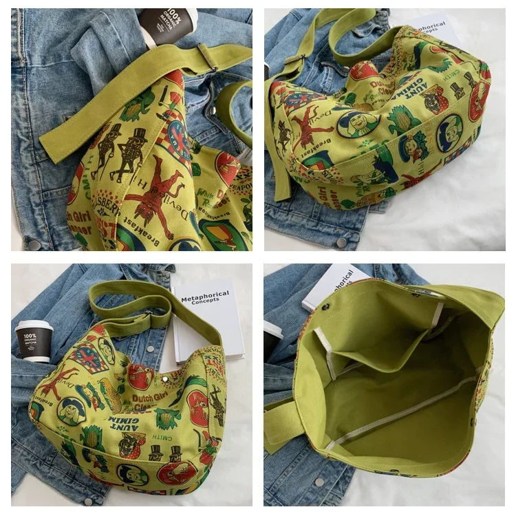 Unisex Vintage Canvas Fabric Shoulder Bag Teenager High Street Retro Casual Slouchy Bag Female Big Capacity Hippy Crossbody Bag