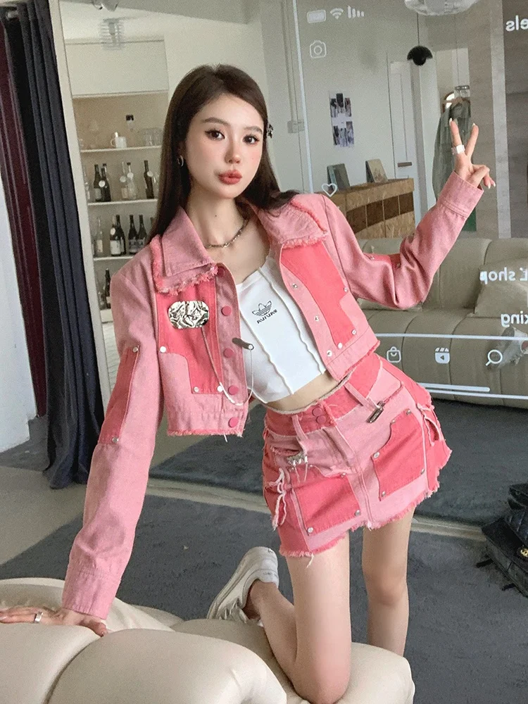 

Pink Heavy Du A-Line Skirt Set Early Spring New Design Two-Piece Denim Skirt Ensemble Women's Faion Set